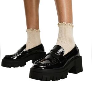 ASOS DESIGN Script chunky mid heeled loafers in black patent Size 7.5